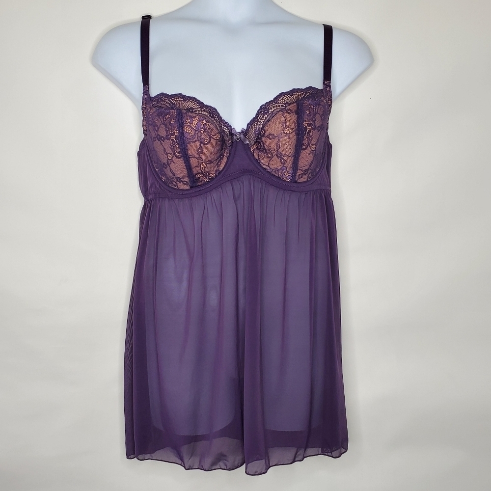 Adore Me Ella Sheer Lace Babydoll Top Size 42C Purple Lined Cups Mesh Lingerie